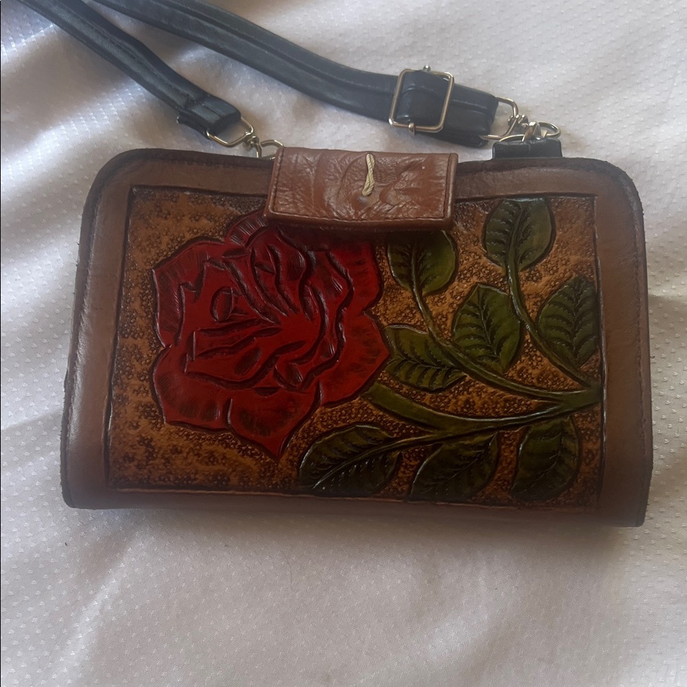 Brown and Red Floral Embossed Leather Bag